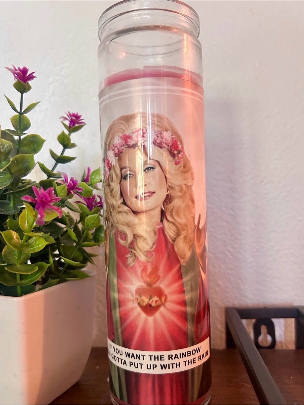 Dolly Parton Pink Devotional Prayer Candle - Floral Heart Design/ Rainbow quote